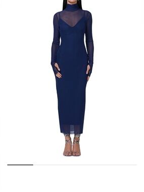 AFRM Navy Sheer-Panel Long Sleeve Midi Dress